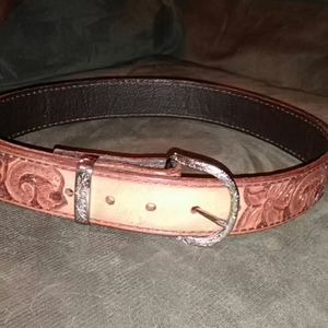 Handmade brown/silver leather belt western floral
